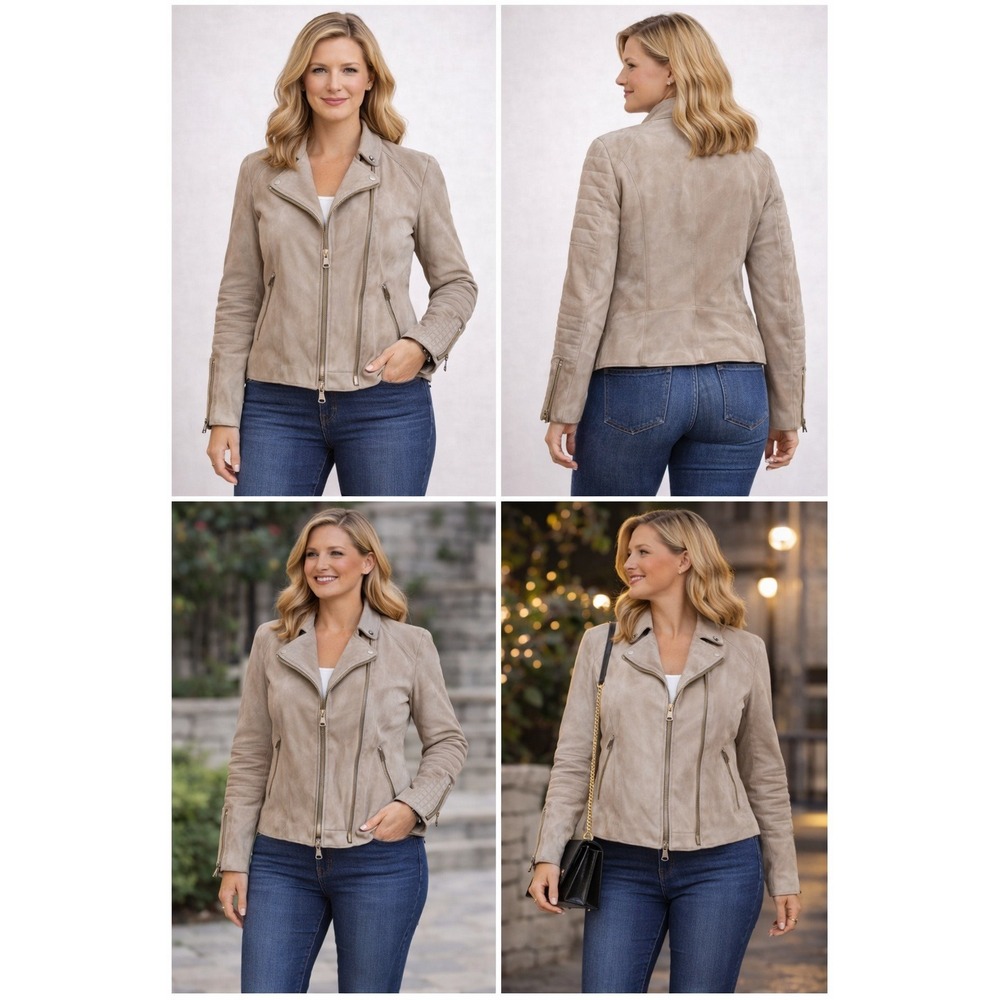 Ralph Lauren Black Label Beige Suede Moto Jacket Zip Front Size 6